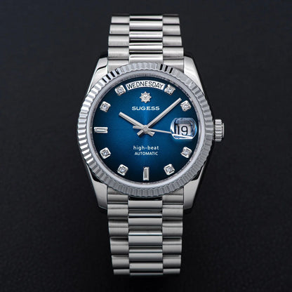 Sugess 36mm Mens of Watch Automatic Dandong Peacock SL3034 Day Movement Sapphire Glass 100m Waterproof Wristwatches MOP Date New