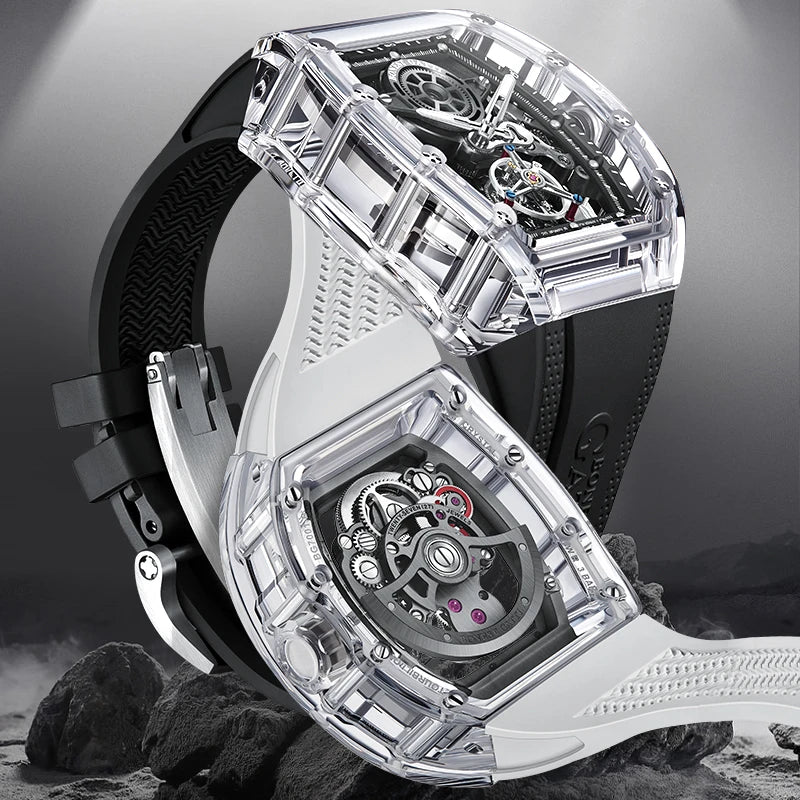 BONEST GATTI Luxury Men Automatic Tourbillon Watch Hollow Out Dial Crystal Case Sapphire Luminous Rubber Strap Wristwatch