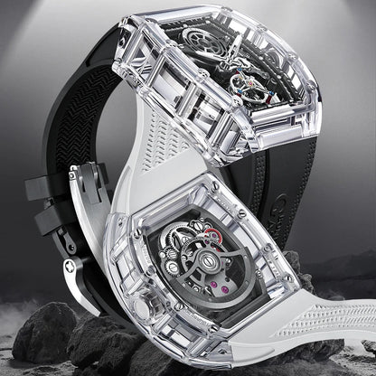 BONEST GATTI Luxury Men Automatic Tourbillon Watch Hollow Out Dial Crystal Case Sapphire Luminous Rubber Strap Wristwatch