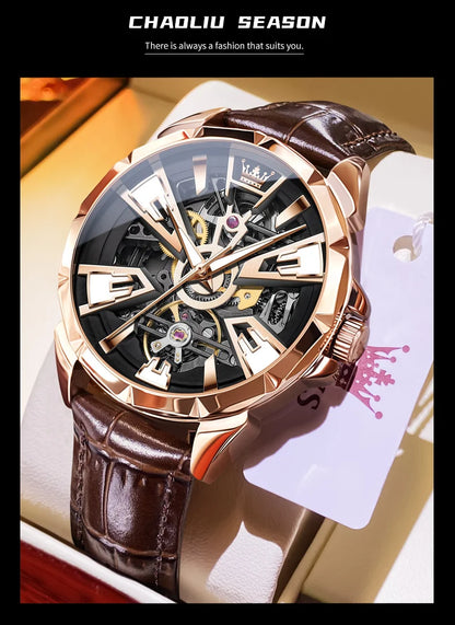 OLEVS 7051 Fashion Men's Watch Leather Strap 30M Waterproof Hollow HD Luminous Automatic Mechanical Wristwatch for Men