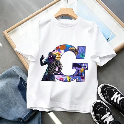 Fortnite A-Z Alphabet Print T-Shirt Summer Kids White Clothing Popular Cartoon Game T-Shirt Fashion Casual Short Sleeve Top Gift