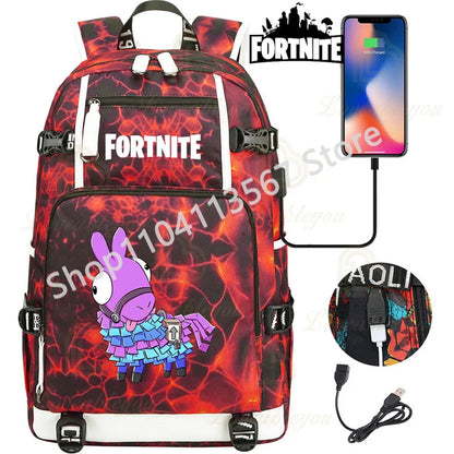 Mochila Red Jade F-Fortnited Battle Royale com carregamento USB, figuras anime e compartimento para material escolar para estudantes