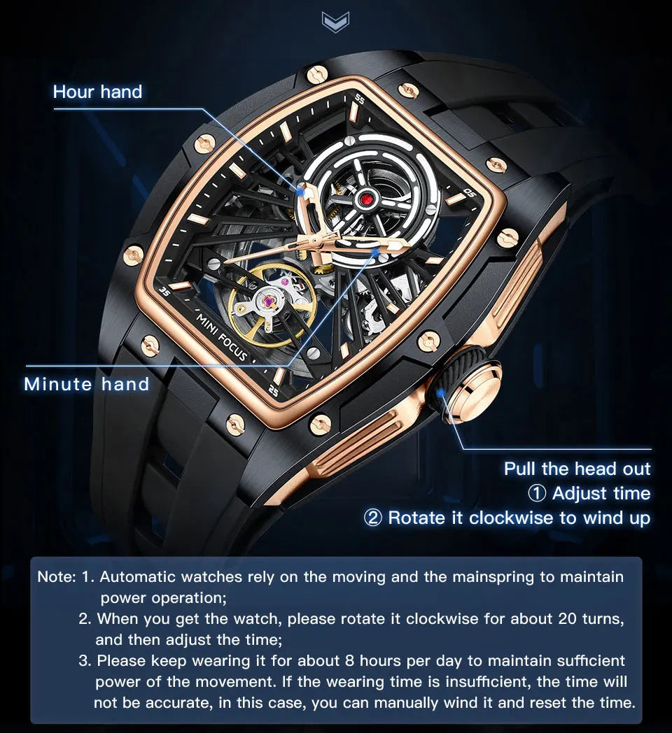 MINI FOCUS Orologio da polso da uomo fashion nero impermeabile, automatico meccanico, con lancette luminose, cinturino in silicone e quadrante tonneau