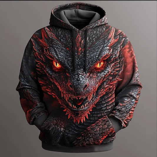 Moški 3D pulover s kapuco z motivom zmaja, modni, kul, za vsak dan, z dolgimi rokavi in okroglim izrezom, za zabave, počitnice in ulični slog, jesen/zima, trenirka/plašč
