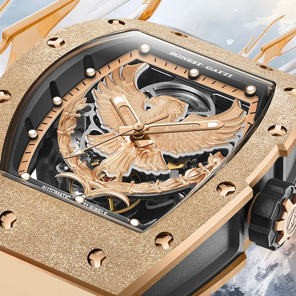 BONEST GATTI Luxury Men Hollow Automatic Mechanical Watches Tonneau Sapphire Crystal Luminous Hollow Eagle Dial Rubber Strapes