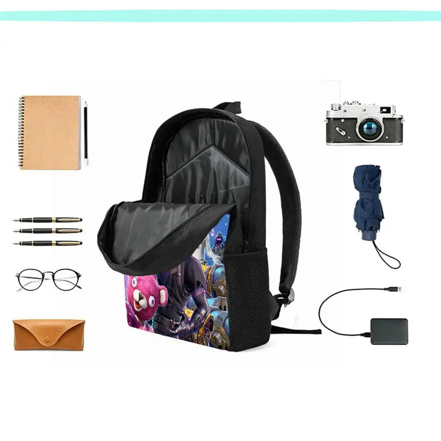 Mochila leve Fortnite Cartoon de 15 polegadas com alças ajustáveis para crianças, saco escolar diário para meninos e meninas dos 5 aos 9 anos