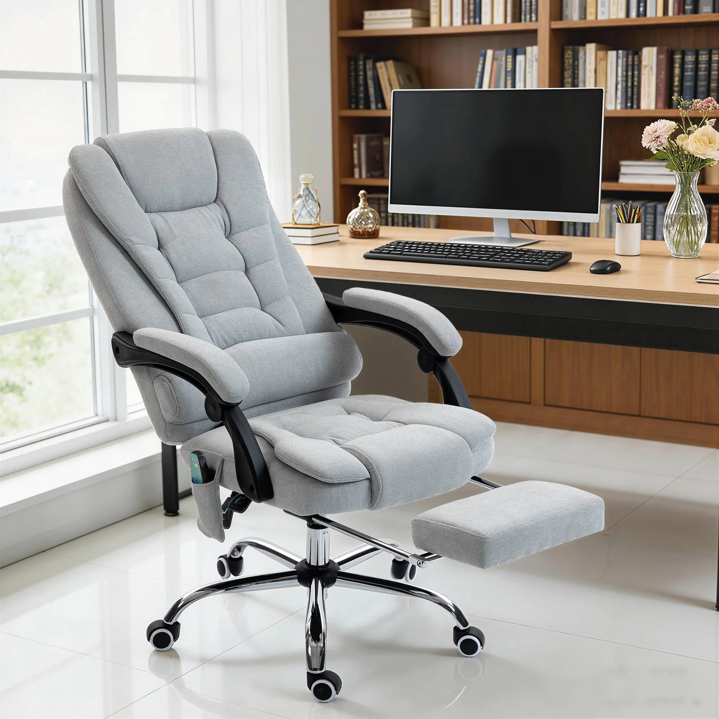 Massage- und beheizter Bürostuhl, Bürostuhl, höhenverstellbar, verstellbare Rückenlehne, 65x70x111-119cm, grau