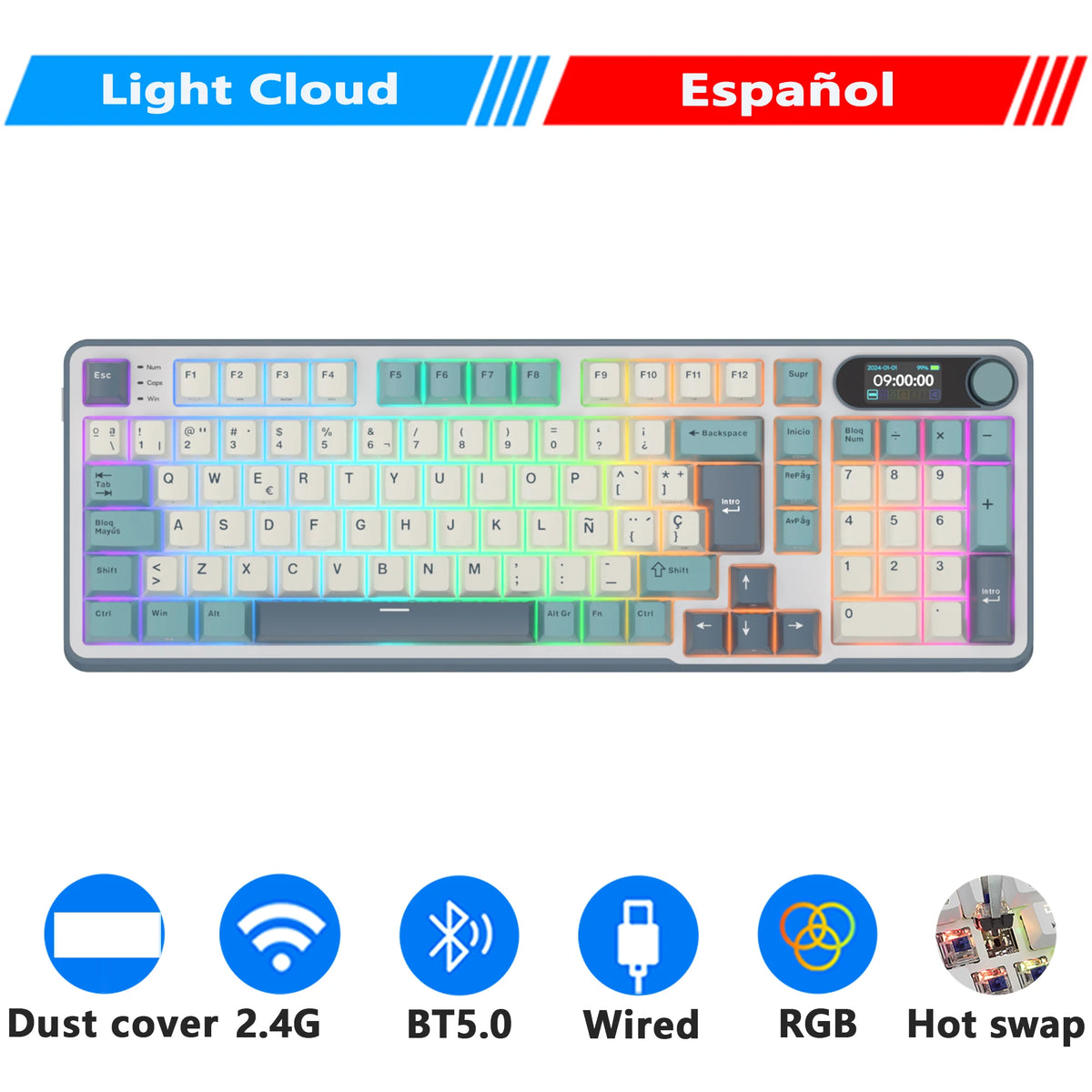 Clavier mécanique RK ROYAL KLUDGE S98 avec écran TFT en surface, 98 touches, RGB, BT 5.0/2,4 GHz/USB-C, clavier gaming sans fil, remplaçable à chaud