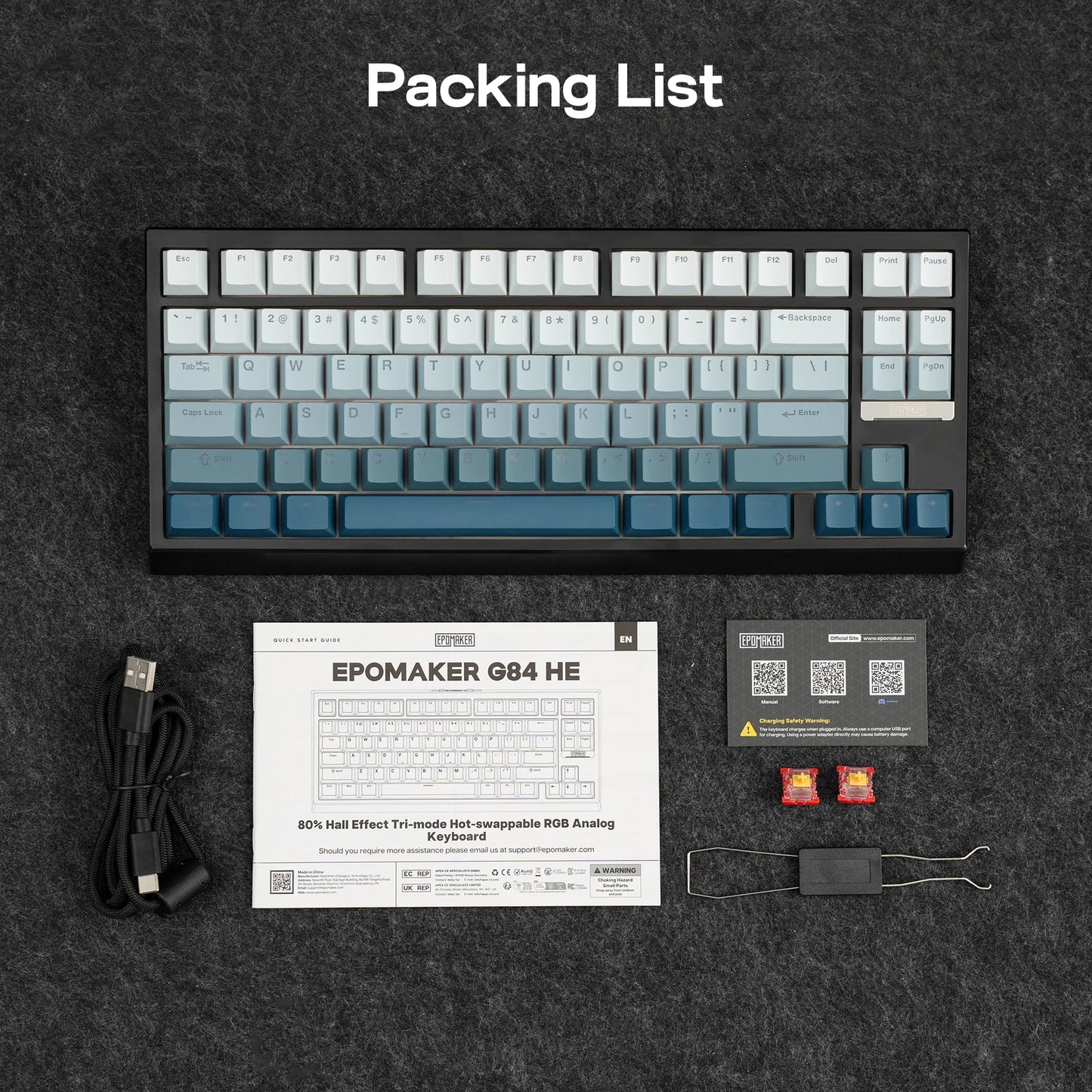 Teclado mecânico magnético EPOMAKER G84 HE 75% ANSI US Layout Gasket com fio/BT/2.4Ghz sem fios, efeito Hall, polling 8K e 8000mAh