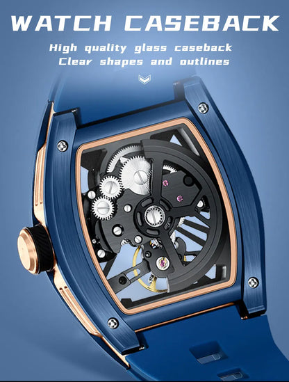 MINI FOCUS Orologio da polso da uomo fashion nero impermeabile, automatico meccanico, con lancette luminose, cinturino in silicone e quadrante tonneau