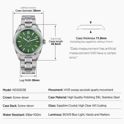 Watchdives New WD0003B ‌Aventurine Dial Watch VH31 Quartz Movement Sapphire Crystal Luminous 100m Waterproof 36mm Vintage Watch