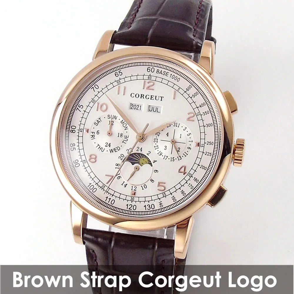 Corgeut Multi Functional Watch Automatic Mechanical Watch for Men 42mm Day Date Month Year Day/Night ST1655 Movt Polished Case