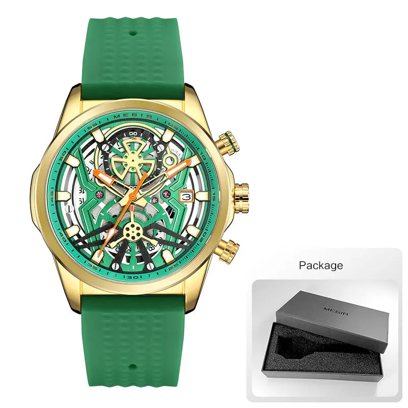 MEGIR Chronograph Quartz Watch Men Fashion Waterproof Yellow Silicone Strap Sport Wristwatch with Luminous Hands Auto Date 2235