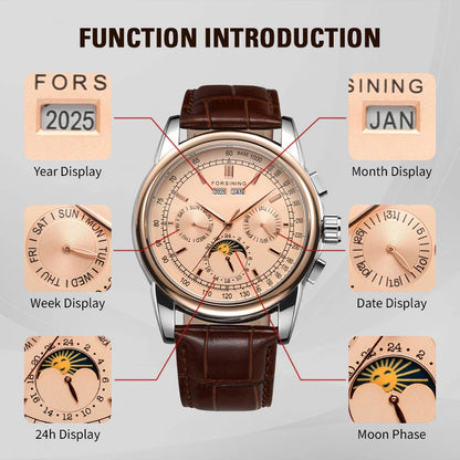 Forsining Retro Mechancial Watches Moon Phase Shanghai Movement Rose Gold Case Brown Leather Strap Luxury Automatic Mens Watch
