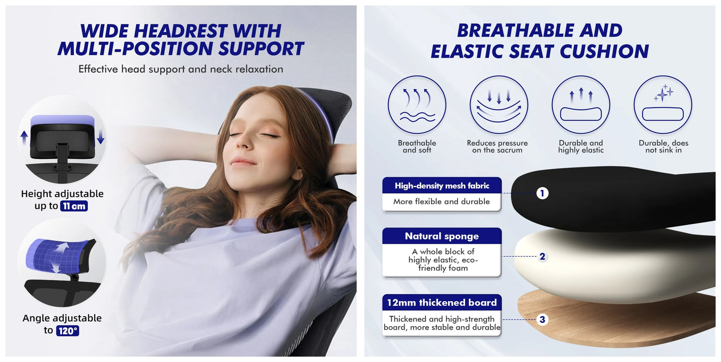 AUTHMIC Ergonomic Office Chair Mesh Back, 5D Lumbar Support, Reclining 90–135°, Adjustable Armrest & Headrest for Home Office