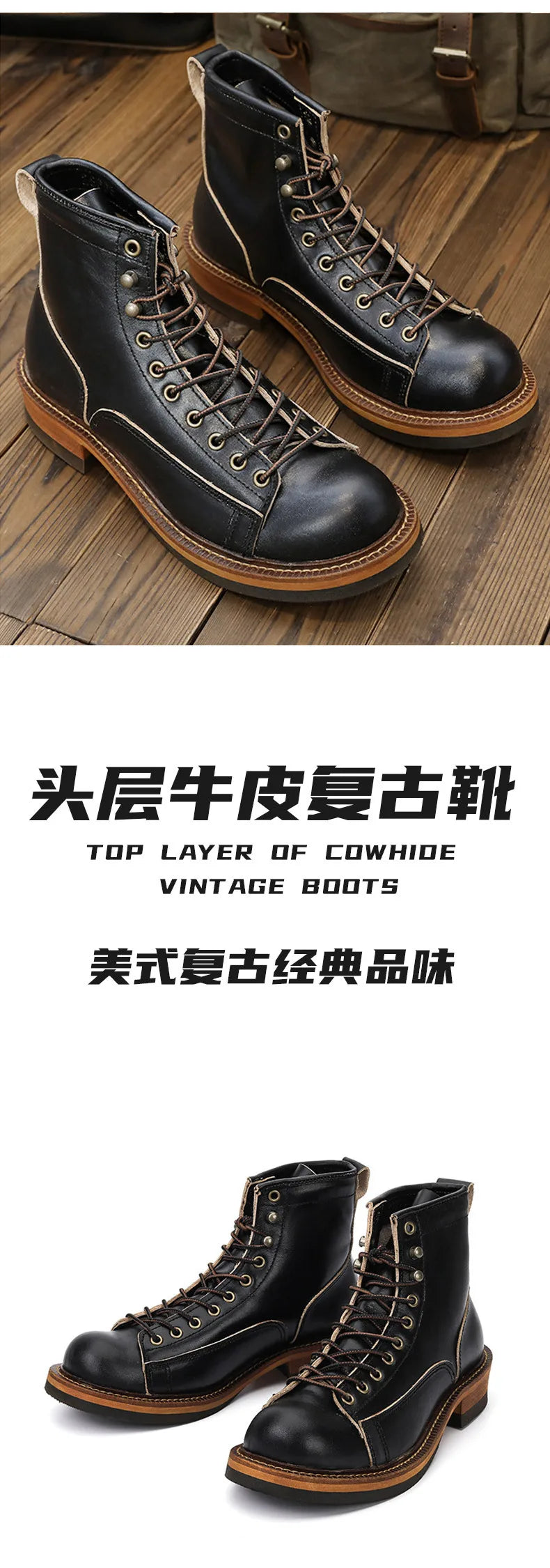 KOWM Cowhide Hiking Shoes Men's Walking Boot British Trekking Shoes Thick-Soled Cowhide High-Top Motorcycle Boots Ankle Sneakers