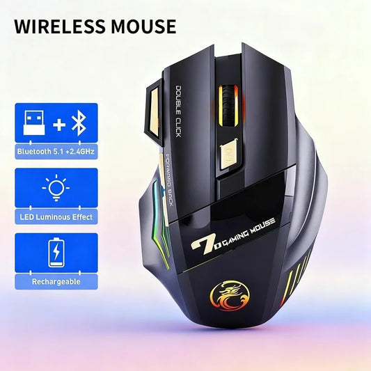 Rechargeable Bluetooth Wireless Mouse, 2.4G Silent Wireless Mouse with Adjustable DPI, RGB Breathing Light, 7 Buttons, Ergonomic Optical Mouse for Gaming & Office