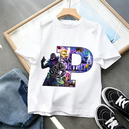 Fortnite A-Z Alphabet Print T-Shirt Summer Kids White Clothing Popular Cartoon Game T-Shirt Fashion Casual Short Sleeve Top Gift