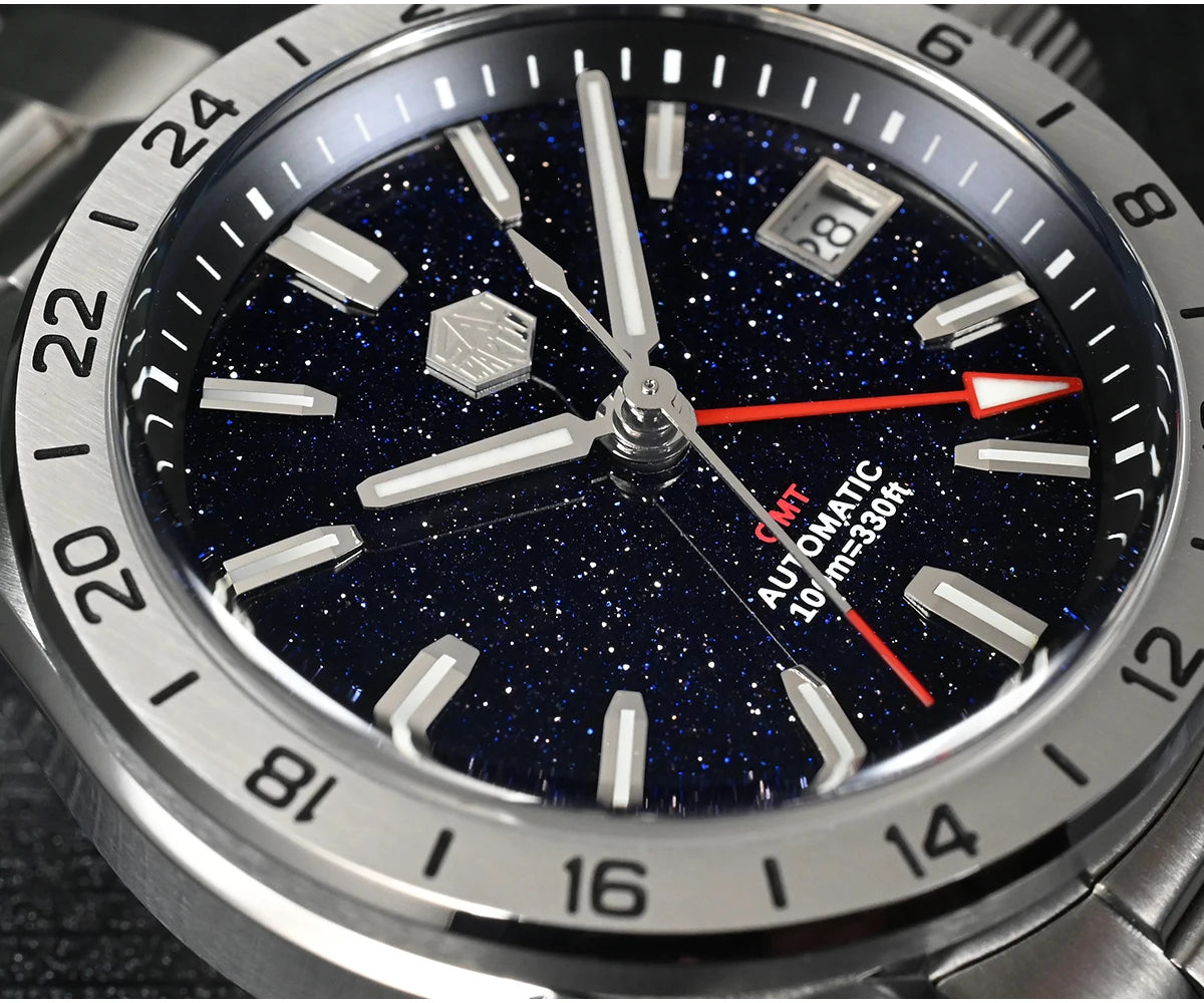 San Martin 39mm Aventurine Gemstone Dial Luxury Men's Watch NH34 GMT Automatic Mechanical Sapphire Waterproof Luminous SN0129