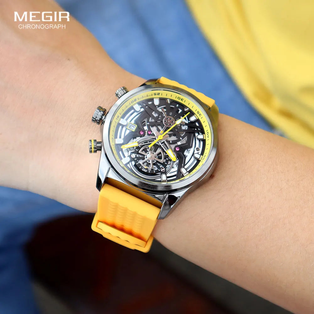 MEGIR Chronograph Quartz Watch Men Fashion Waterproof Yellow Silicone Strap Sport Wristwatch with Luminous Hands Auto Date 2235