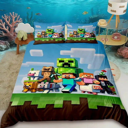 Cartoon Children Duvet Cover Minecraft Cartoon Quilt Cover Bedding Set Queen King Full Size with 1/2 Pillowcase Bedroom