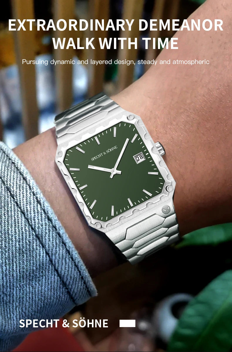 Specht & Söhne New Luxury Square 222 Watch Waterproof Male Clock Luminous Sapphire Stainless Steel Blue Men Watch Reloj Hombre