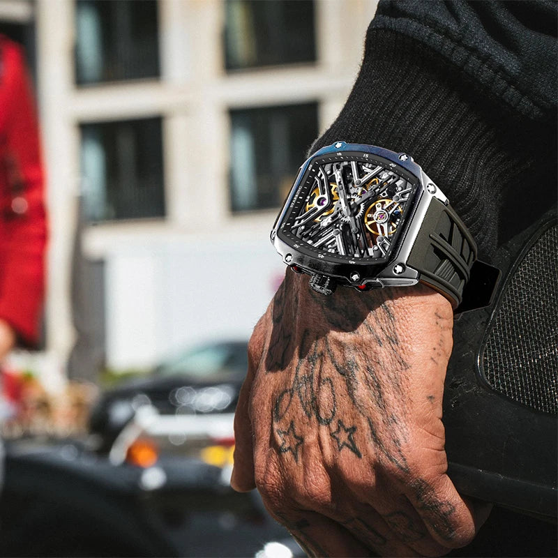 STARKING Men's Waterproof Sports Mechanical Watch, Wear-resistant Silicone Strap, Automatic, Luminous Tonneau Luxury Design
