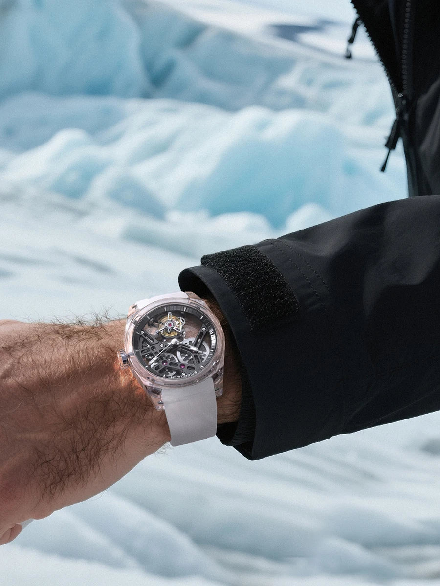 Relógio AGELOCER de edição limitada “Ice Never Melts” com turbilhão de cristal de espiral livre — relógios mecânicos manuais de luxo