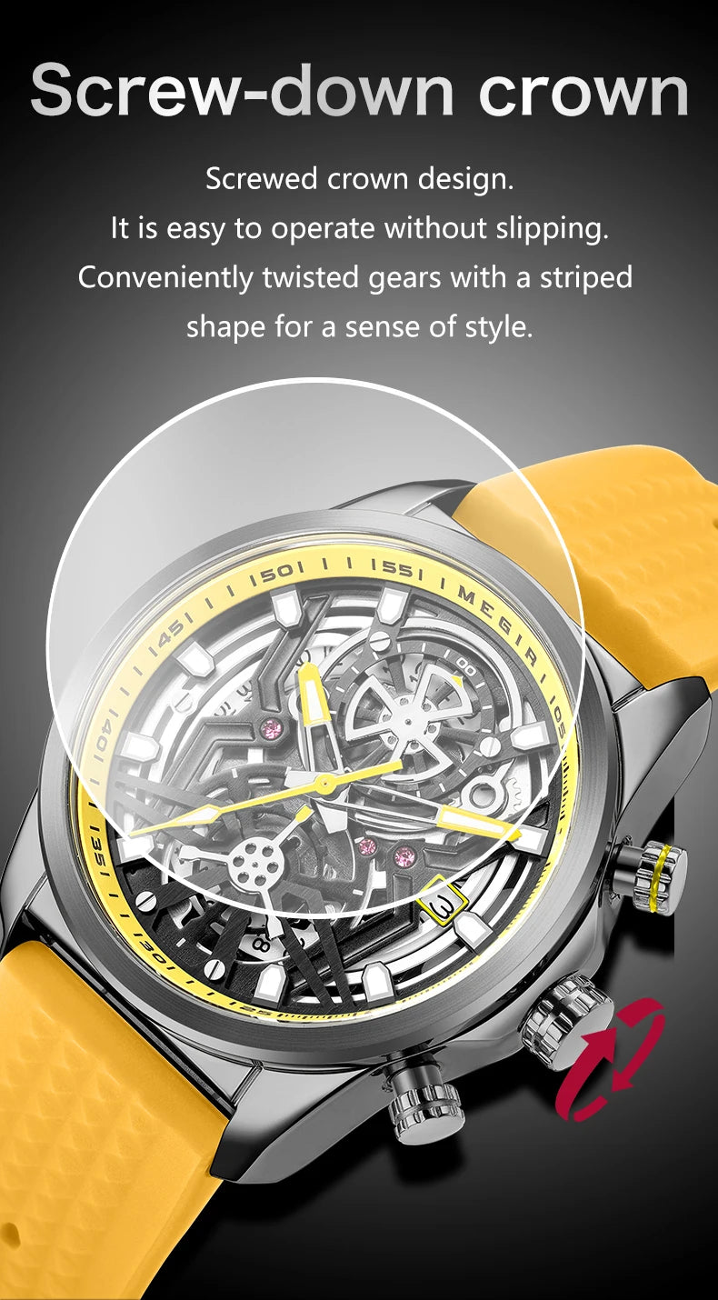 MEGIR Chronograph Quartz Watch Men Fashion Waterproof Yellow Silicone Strap Sport Wristwatch with Luminous Hands Auto Date 2235