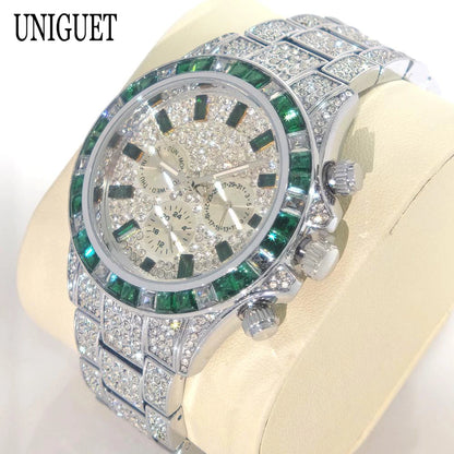 Hot Fashion Green Watches Men Brand UNIGUET Luxury Stainless Steel Hip Hop Rainbow Diamond Quartz Wristwatch Male Dropshipping ﻿