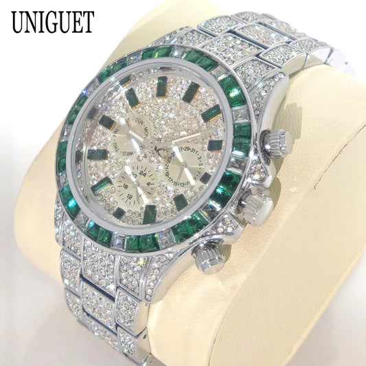 Hot Fashion Green Watches Men Brand UNIGUET Luxury Stainless Steel Hip Hop Rainbow Diamond Quartz Wristwatch Male Dropshipping ﻿