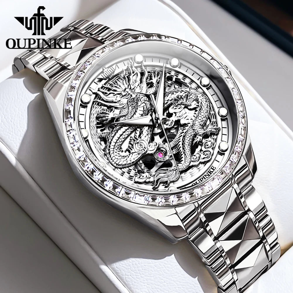 OUPINKE Herrenarmbanduhr, Top-Marke, Luxus, Gold, Wolframstahl, originale automatische mechanische Armbanduhr mit Zifferblatt im Drachenmuster