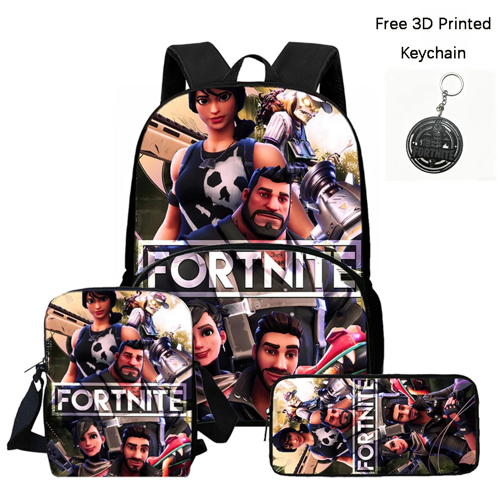 FORTNITE 3-teiliges Schulrucksack-Set, Umhängetasche mit Fronttasche und Federmäppchen, für Jungen und Mädchen von 5–10 Jahren, leicht, mit kostenlosem 3D-bedrucktem Schlüsselanhänger