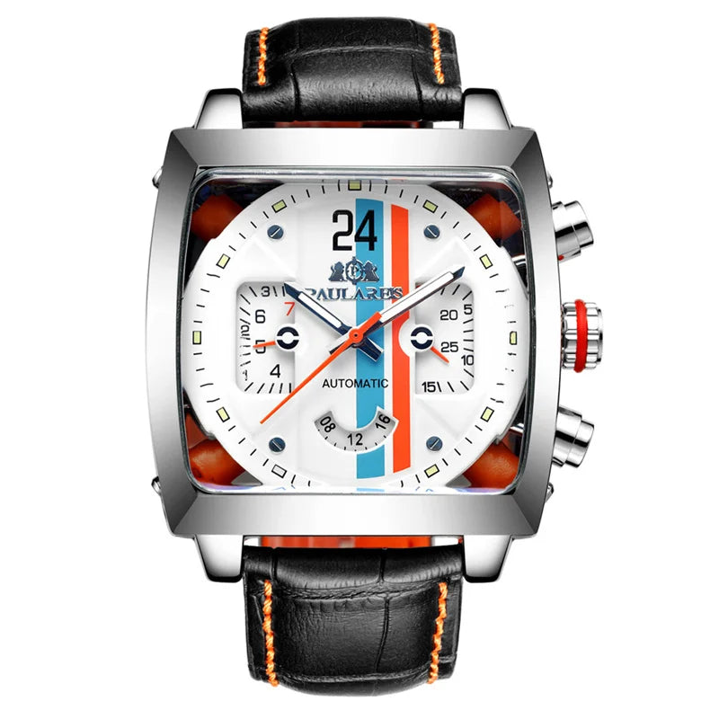 Original Brand Watches For Men Luxury Design Square Mechanical Watch Men Leather Strap Waterproof Date Week Wristwatches Male