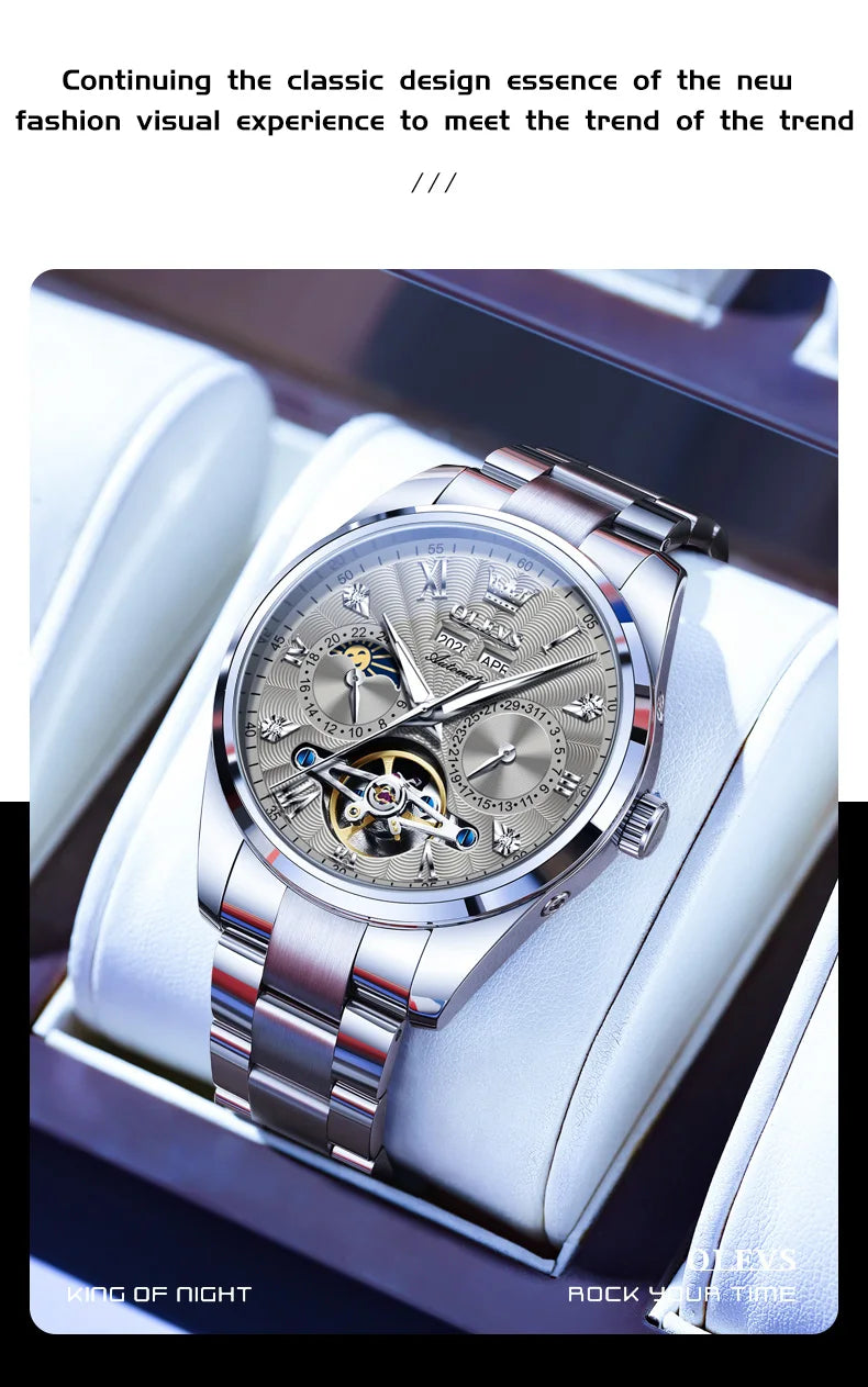 OLEVS 7028 Automatic Mechanical Men's Watch Tourbillon Dial Multifunctional Date Waterproof Luminous Watch for Men