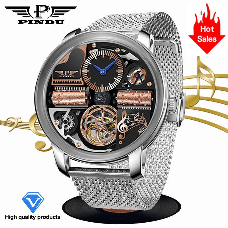 2025 NEW PINDU Design Music Series Machinery Watch Men Movement Stainless Steel Sapphire Glass Top Luxury Automatic Watch Hollow