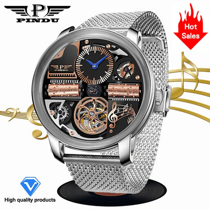 2025 NEW PINDU Design Music Series Machinery Watch Men Movement Stainless Steel Sapphire Glass Top Luxury Automatic Watch Hollow