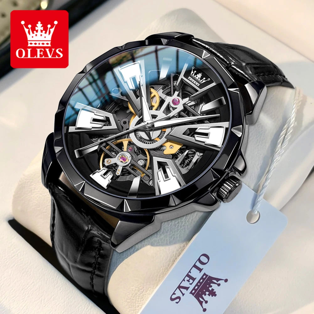 OLEVS 7051 Fashion Men's Watch Leather Strap 30M Waterproof Hollow HD Luminous Automatic Mechanical Wristwatch for Men