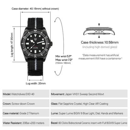 Watchdives EXD 40Mm Titanium Dive Watch Man VH31 Sweep Quartz Watches 200 Waterproof Ar Sapphire BGW9 Luminous 316L Wristwatch