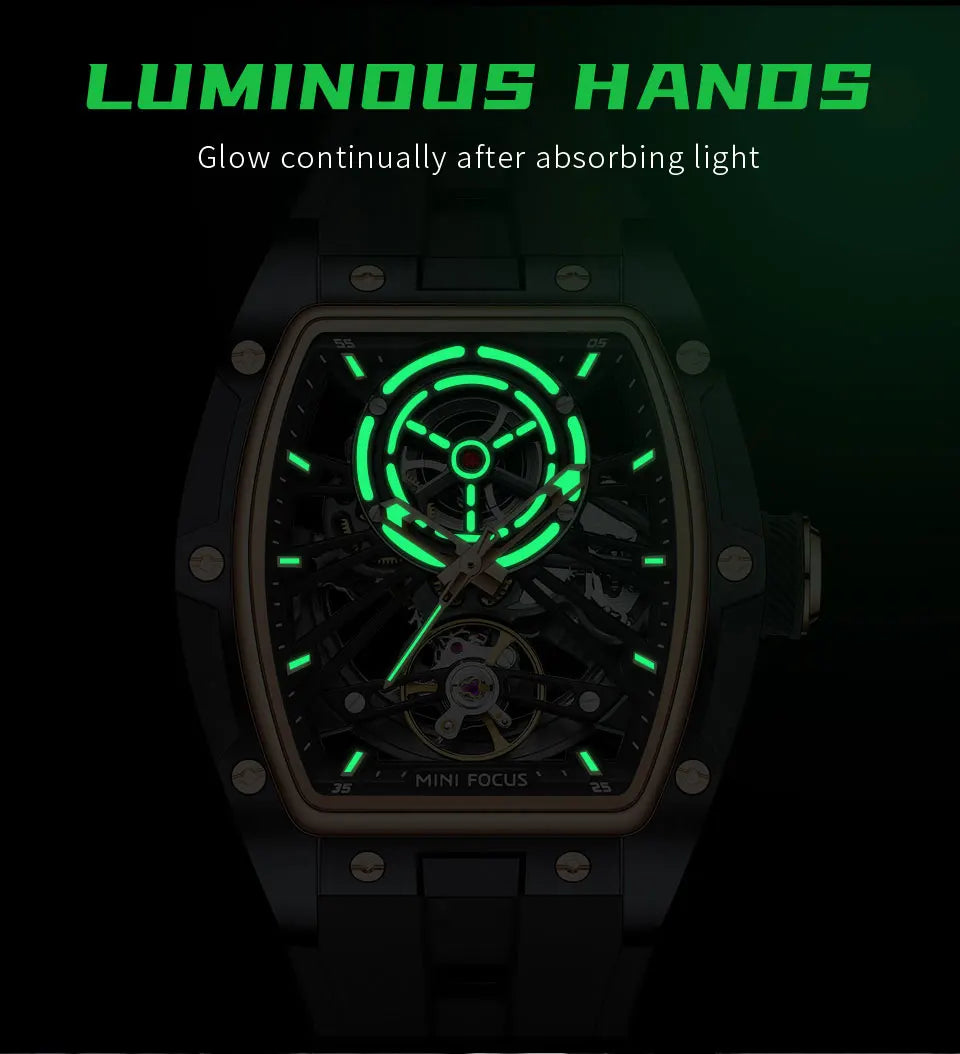 MINI FOCUS Orologio da polso da uomo fashion nero impermeabile, automatico meccanico, con lancette luminose, cinturino in silicone e quadrante tonneau