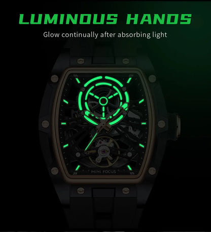 MINI FOCUS Orologio da polso da uomo fashion nero impermeabile, automatico meccanico, con lancette luminose, cinturino in silicone e quadrante tonneau