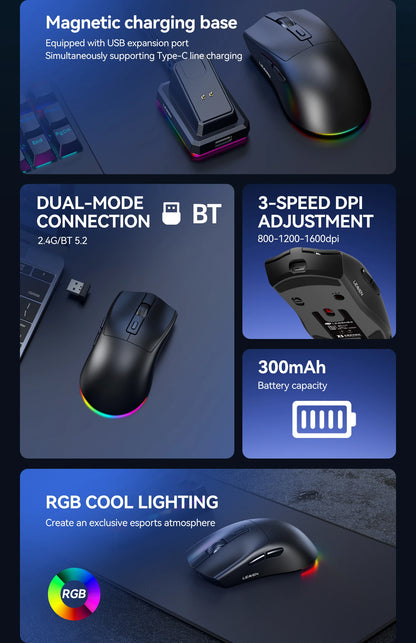 Dual-Mode Wireless Mouse | Magnetic Charging Dock | RGB Backlit | 3-Speed DPI (800-1200-1600) | 2.4G/BT | Suitable for Daily Use