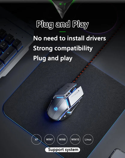 Mouse de gaming cu fir USB Inphic W2 a 2-a generație, clic silențios, stil metalic, 6 taste, programare macro, 8800DPI