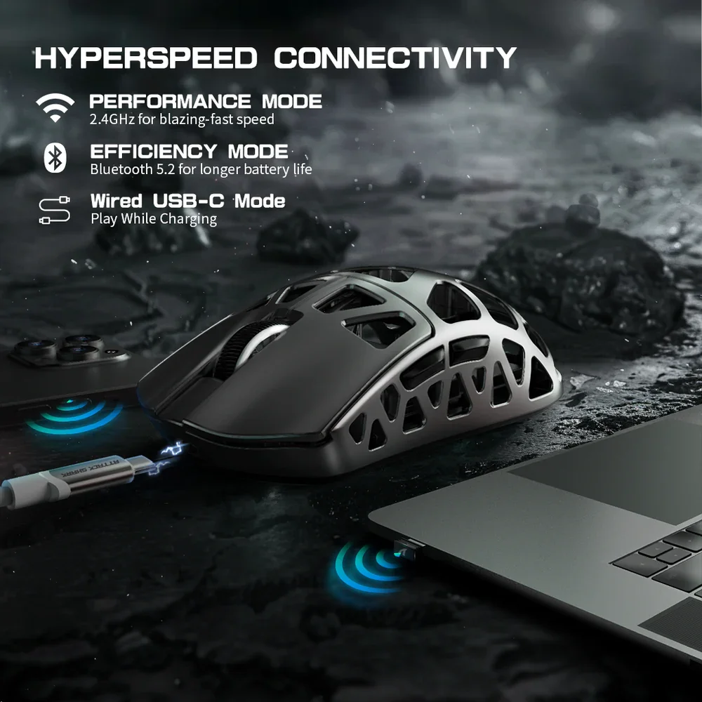 Ratón gaming ATTACK SHARK R3 de aleación de magnesio 8K SUPERLIGHT 8000Hz 6 DPI ajustables hasta 26000 PAW3395 BT/2.4G inalámbrico/con cable