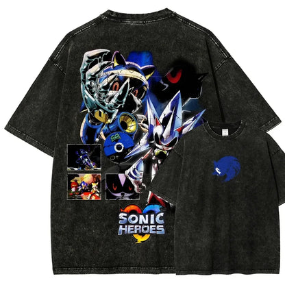 Classic Anime Manga Games Sonic Peripherals Print T-shirts Fashion Loose Casual Tee Men Women Retro Washed Cotton Tops