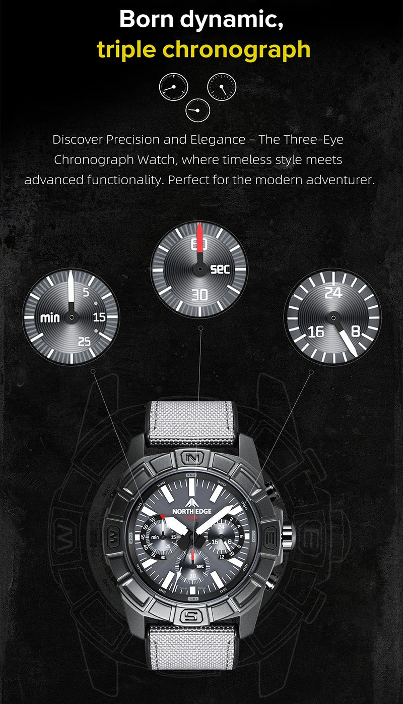 NORTH EDGE 2025 BLAZE Men's Watches Solar Power 316 stainless steel Case Quartz Watch For Men Pilot Waterproof 50M Stopwatch