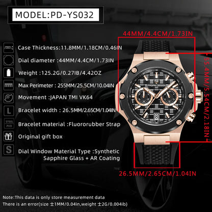 PAGANI DESIGN Men's Watches Luxury Rose Gold Sport Chronograph Japan VK64 Quartz Watch For Men Fluororubber Strap Wristwatch Men