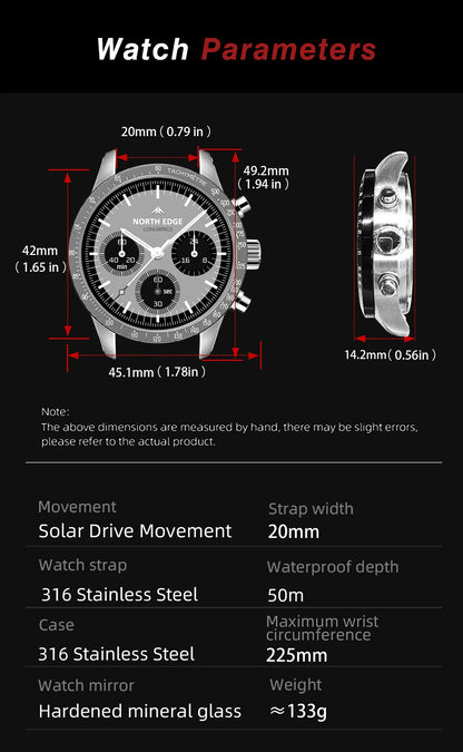 NORTH EDGE 2025 LONGWINGS Men Quartz Watch Solar Powered Stopwatch Waterproof 50M 316 Full Stainless Steel Luminous Pilot Watch