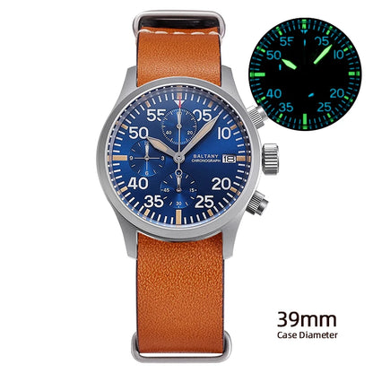 Baltany Quartz Chronograph S5045 Sunburst Blue Dial VK67 100M Stainless Steel Calendar Window Sapphire Vintage Military Watches