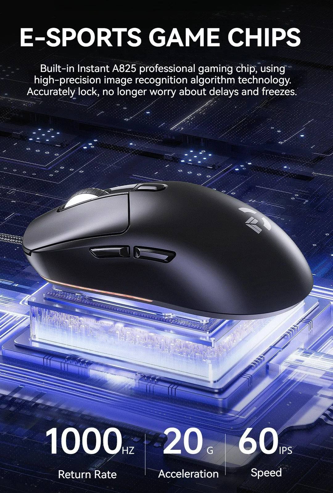 Mouse de gaming cu fir, 6 niveluri DPI ajustabile până la 12800DPI, cip Instant A825, iluminare RGB, programare macro, design ergonomic, mouse universal